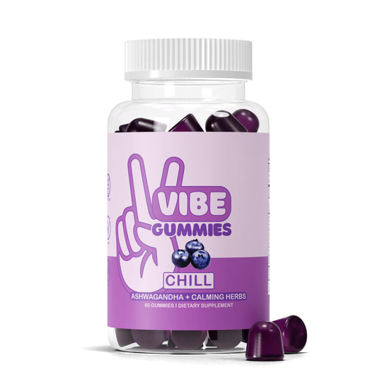 Vibe Gummies chill-ashwagandha bottle closeup promotes calm without grogginess