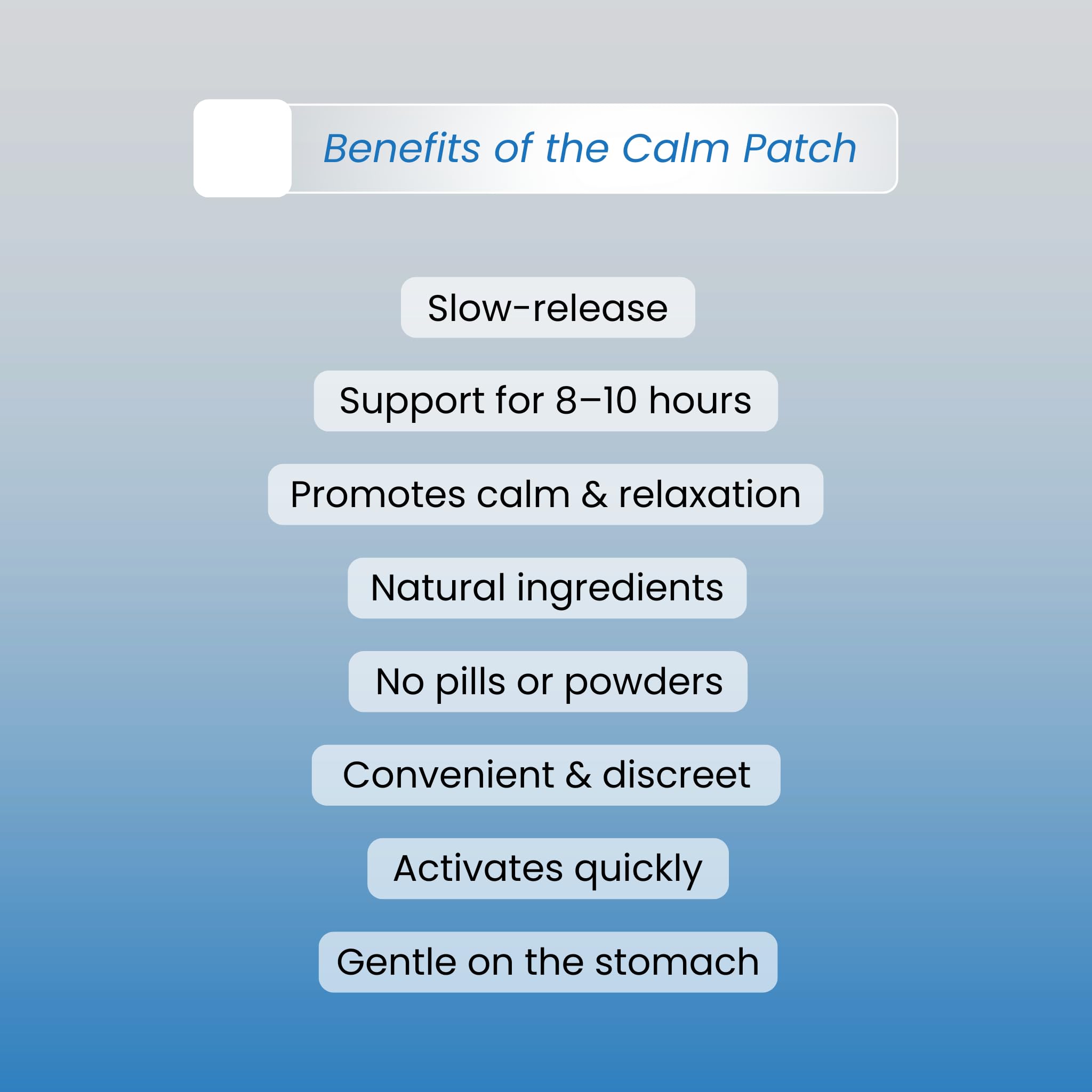 Front view of Calm Patch pack with four patches for easy use.