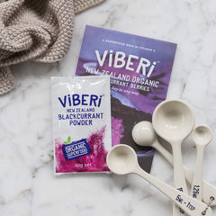 ViBERi blackcurrant powder container highlights pure NZ-grown berries.