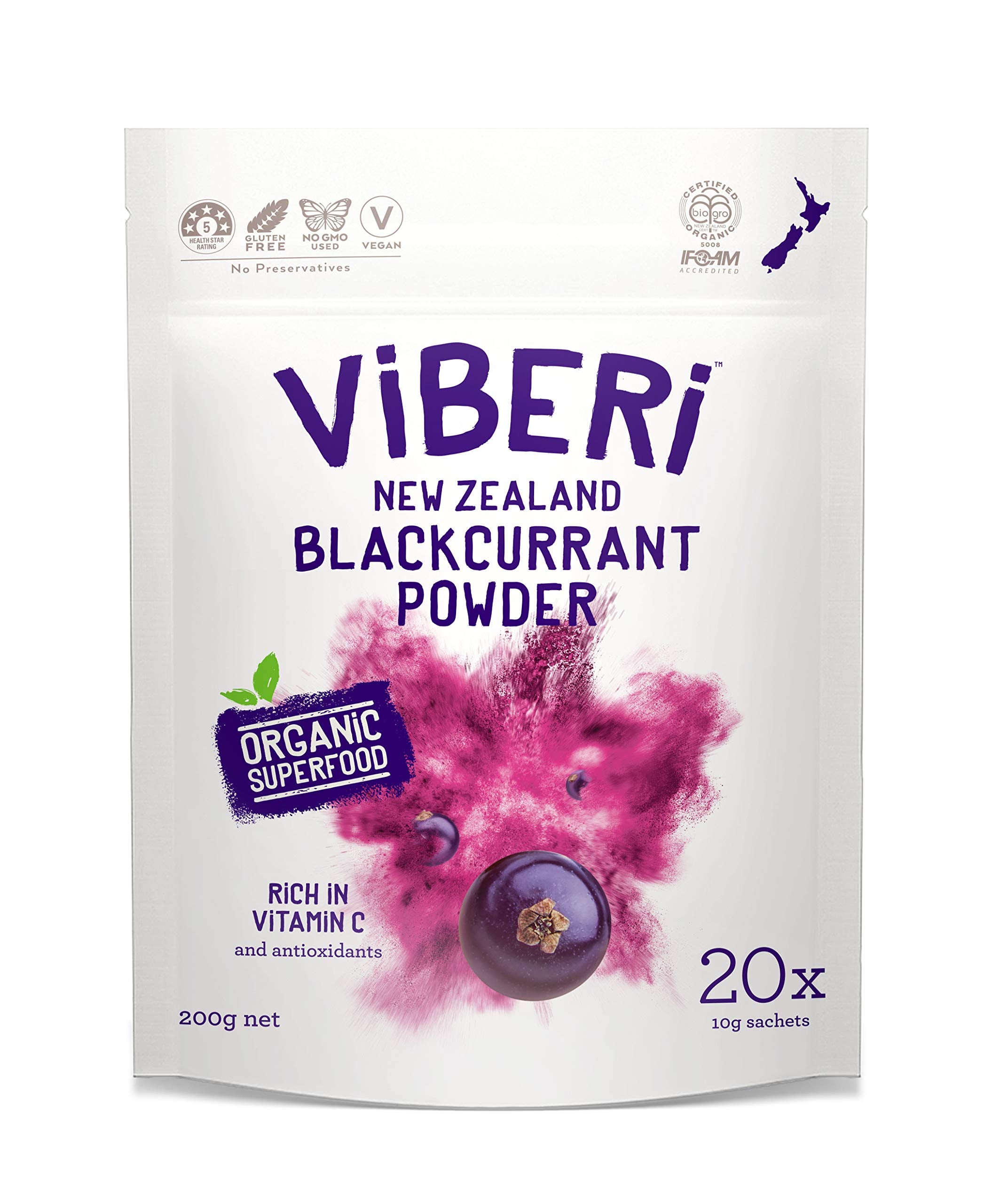 ViBERi Organic Blackcurrant Powder sachets for easy daily vitamin C boost.