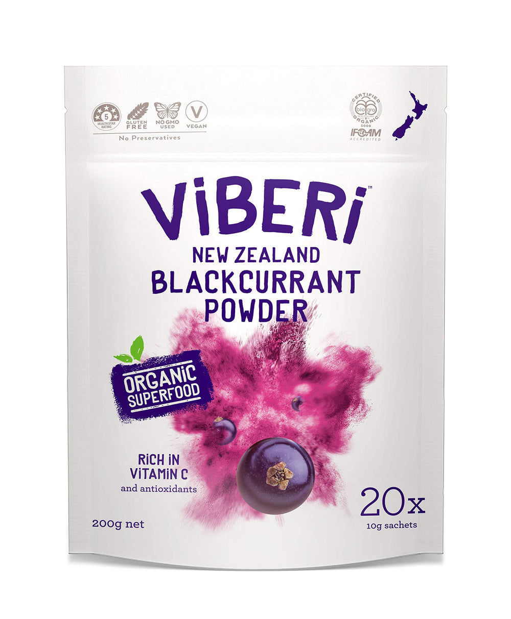 ViBERi Organic Blackcurrant Powder sachets for easy daily vitamin C boost.