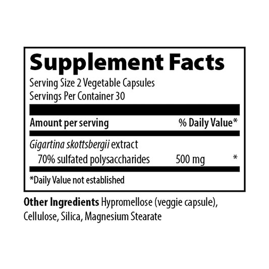 Vibrant Health Gigartina red marine algae capsules close-up highlights the polysaccharide-rich formula.