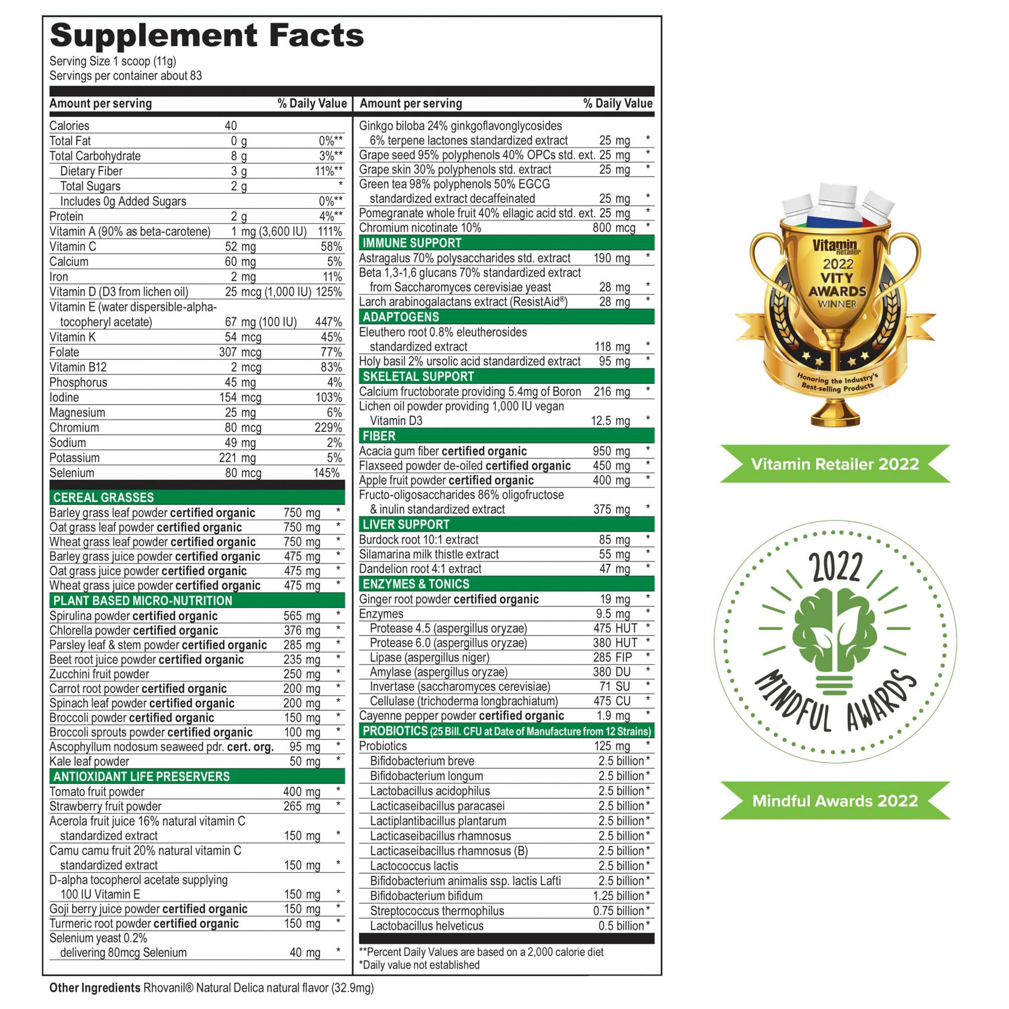 Vibrant Health Green Vibrance jar highlighting 65 superfoods for energy.