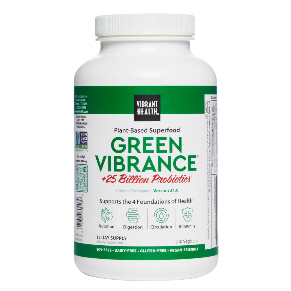 Vibrant Health Green Vibrance pill bottle front for daily wellness on the go.