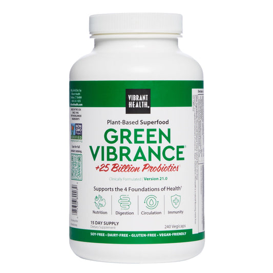 Vibrant Health Green Vibrance pill bottle front for daily wellness on the go.