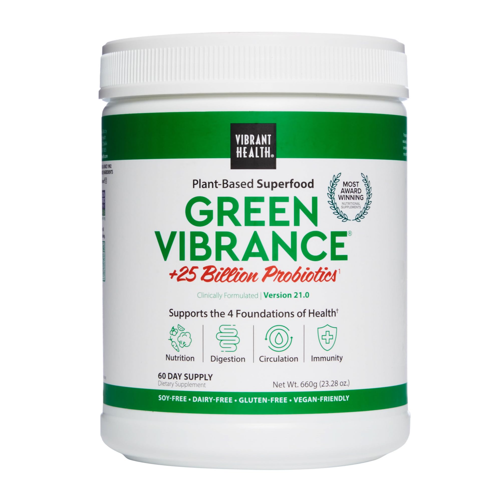 Vibrant Health Green Vibrance powder tub front view for daily energy support.