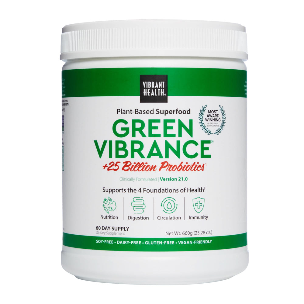 Vibrant Health Green Vibrance powder tub front view for daily energy support.