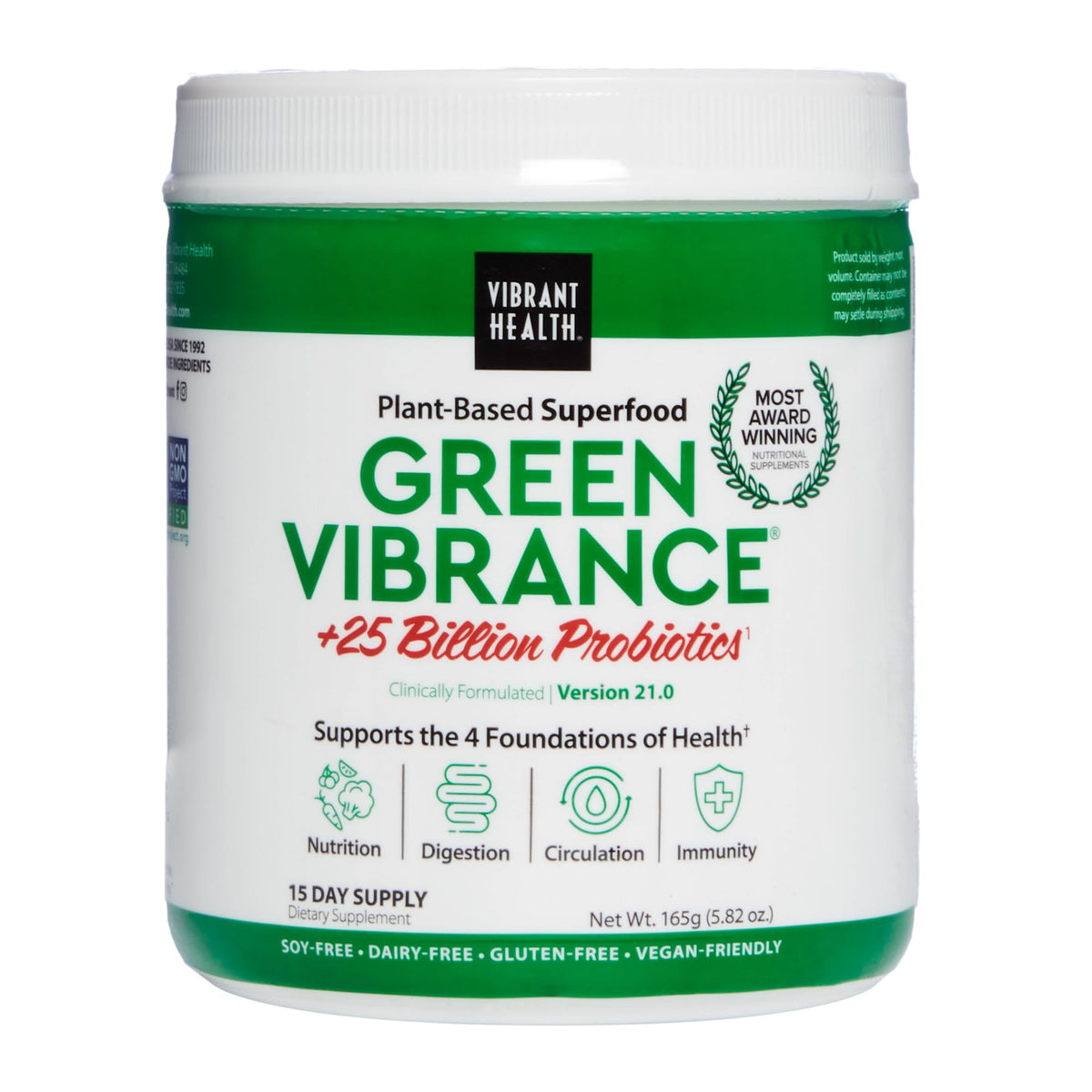 Vibrant Health Green Vibrance tub front shows vegan superfood blend for daily wellness.
