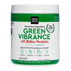 Vibrant Health Green Vibrance tub front shows vegan superfood blend for daily wellness.