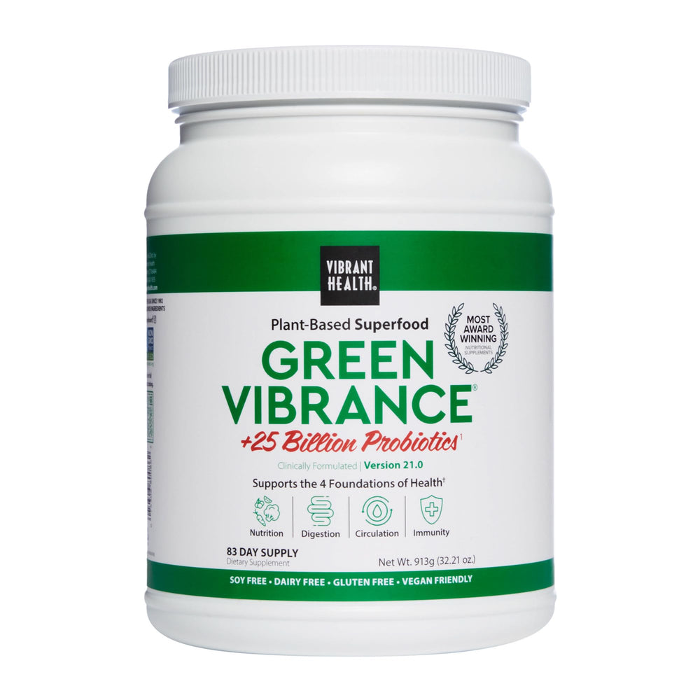 Vibrant Health Green Vibrance bottle label for daily nutrient boost.
