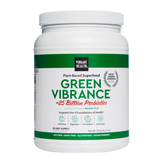 Vibrant Health Green Vibrance bottle label for daily nutrient boost.