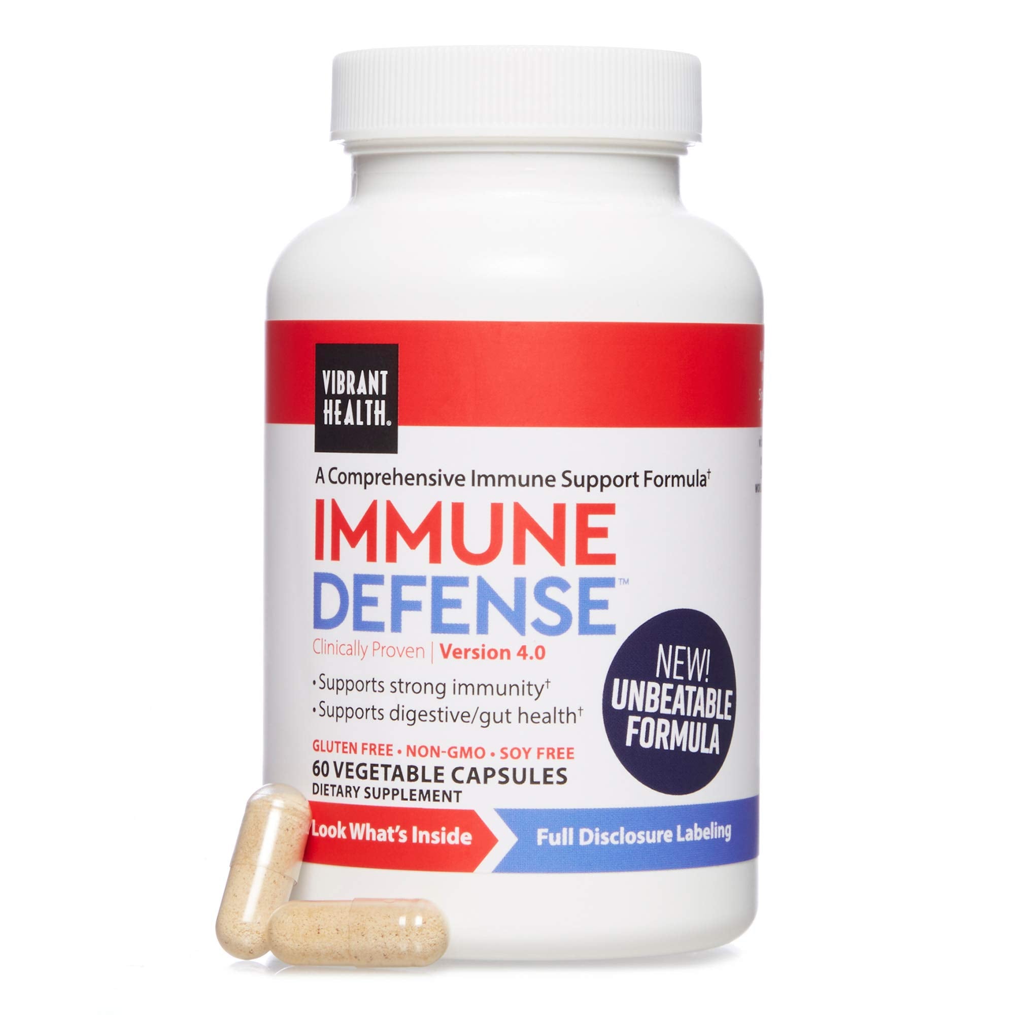 Vibrant Health Immune Defense bottle shown, supports natural defenses and digestive balance.