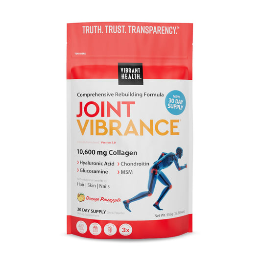 Vibrant Health Joint Vibrance bottle highlights collagen and glucosamine for joint comfort.