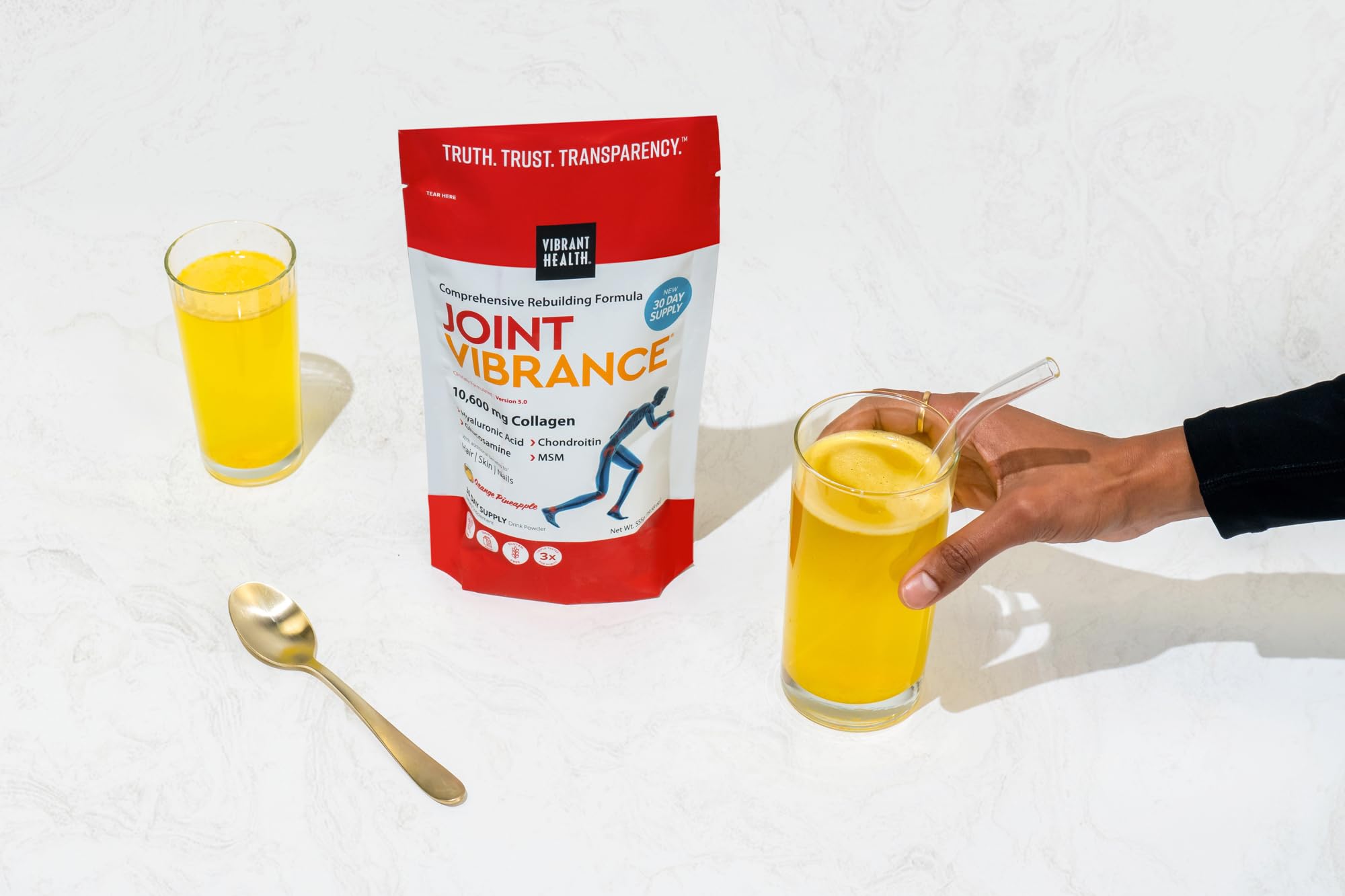 Vibrant Health Joint Vibrance ingredients panel highlights collagen, glucosamine, hyaluronic acid.