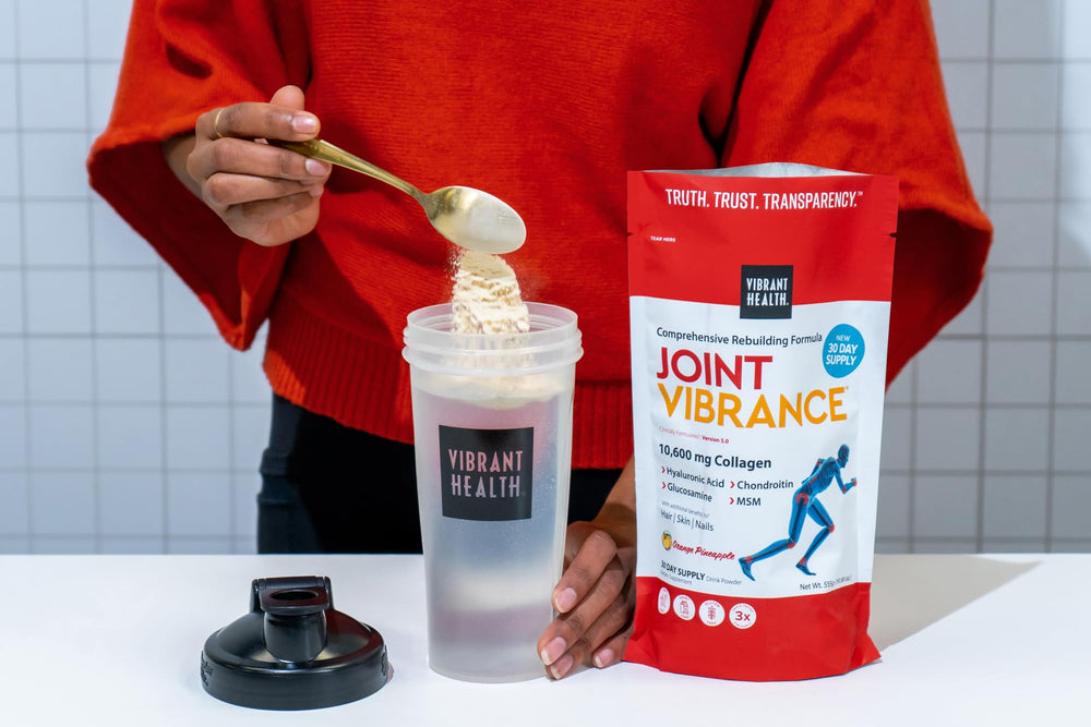 Vibrant Health Joint Vibrance label highlights hydrolyzed collagen and hyaluronic acid.