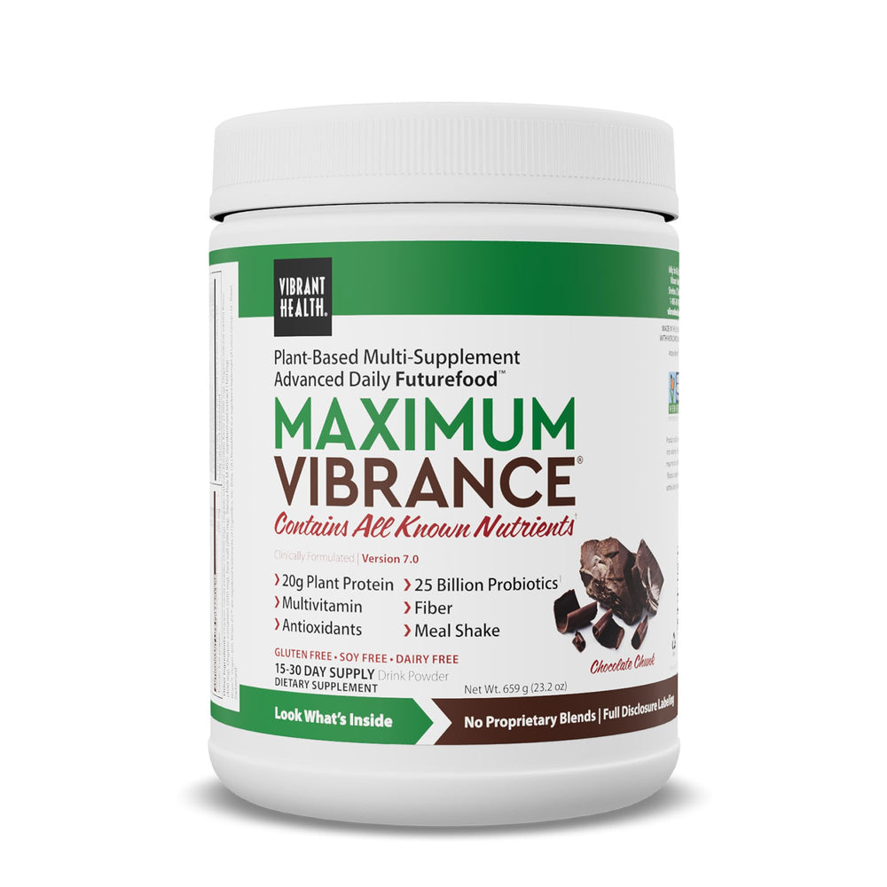 Vibrant Health Maximum Vibrance Chocolate tub front for all-in-one daily nutrition.