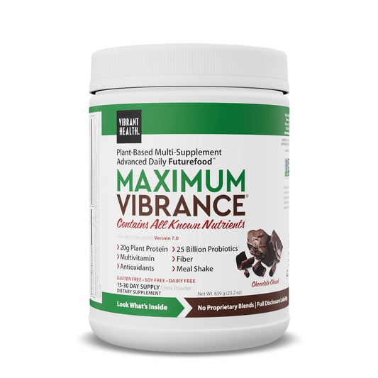 Vibrant Health Maximum Vibrance Chocolate tub front for all-in-one daily nutrition.