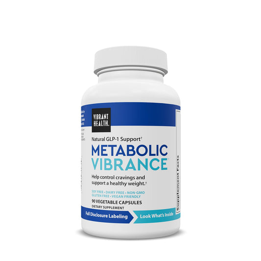 Vibrant Health Metabolic Vibrance bottle cap close-up with vegan capsules for clean energy support