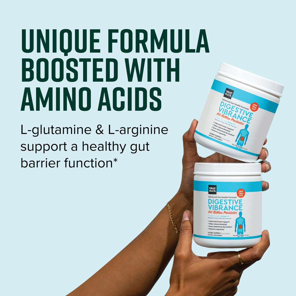 Vibrant Health probiotic powder ingredients blend with prebiotics and amino acids.