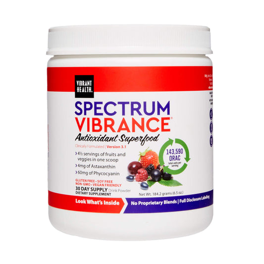 Vibrant Health Spectrum Vibrance tub front showing vegan antioxidant powder for daily nutrition.