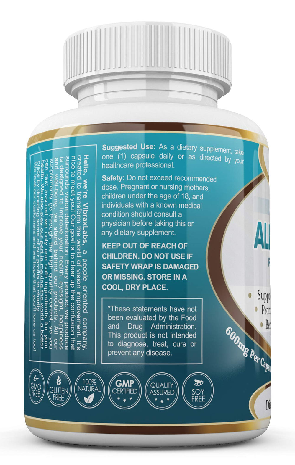 Vibraxlabs Alpha Lipoic Acid 600mg capsules close-up highlighting pure capsule texture