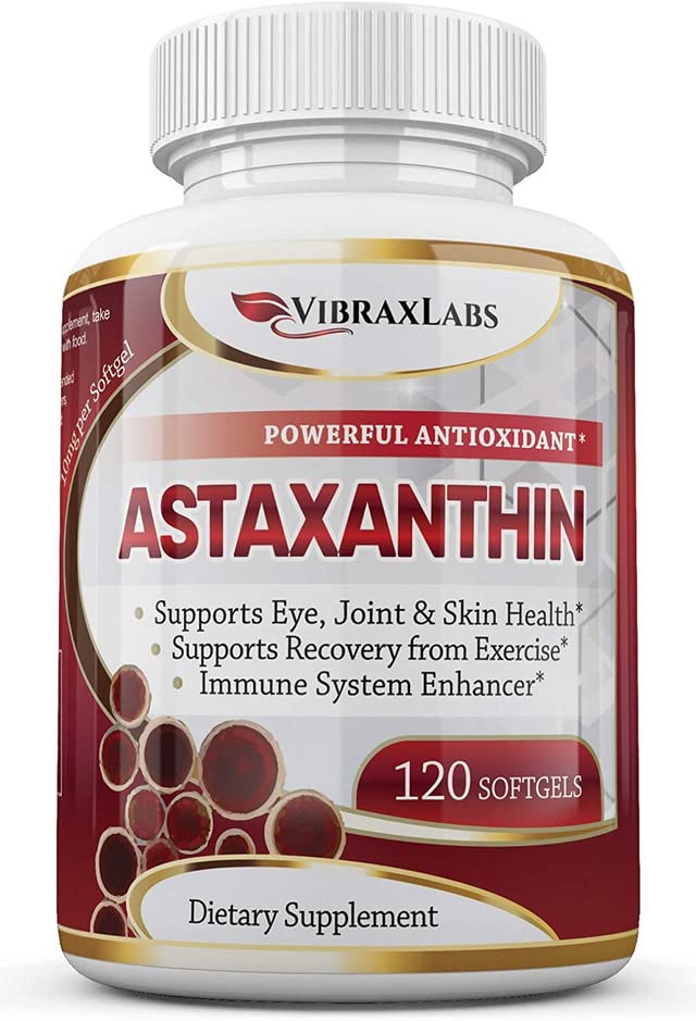 Vibraxlabs Astaxanthin 10mg bottle close-up highlighting premium formulation