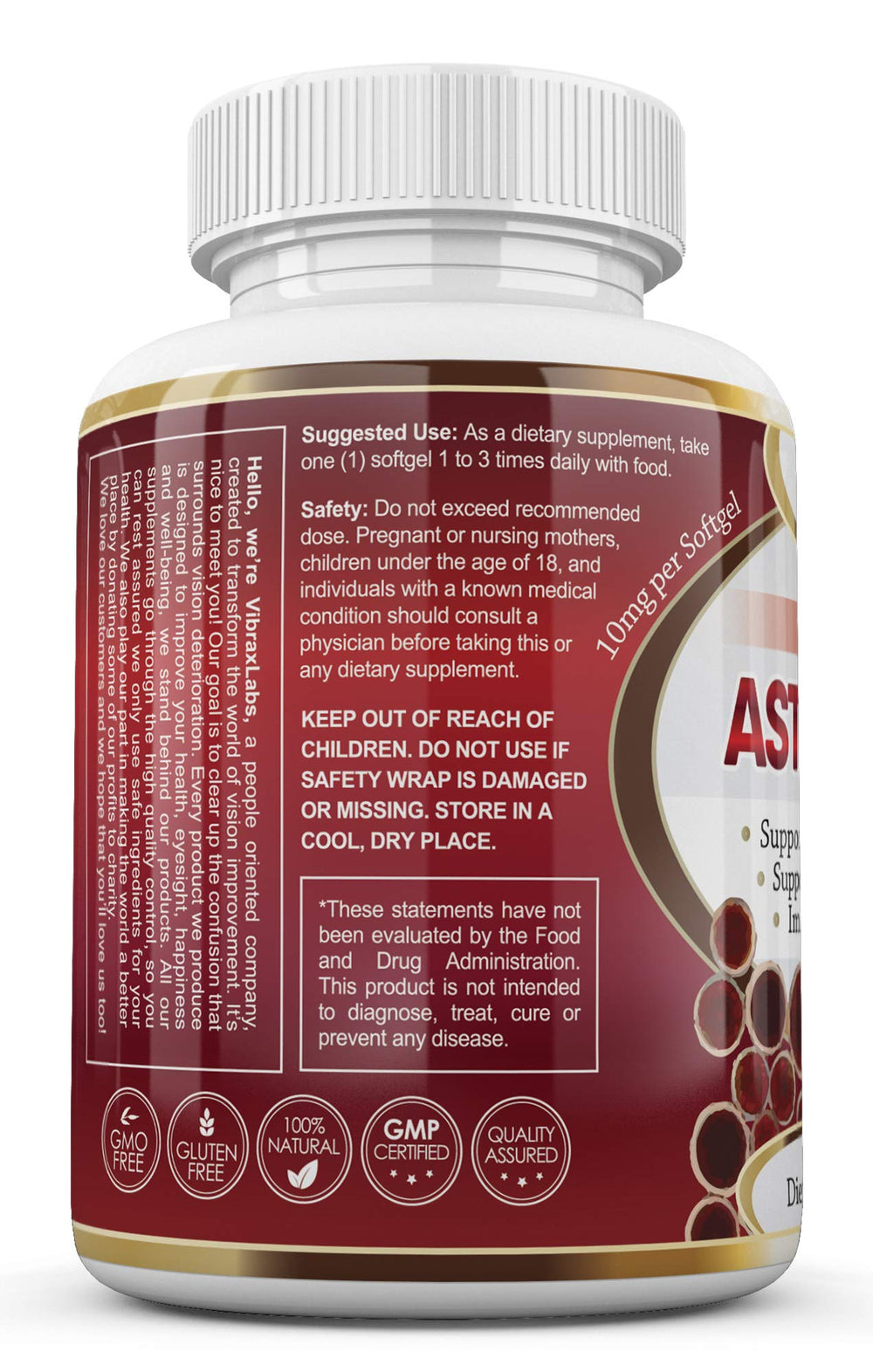 Vibraxlabs label detail emphasizing 10mg potency and GMP USA origin