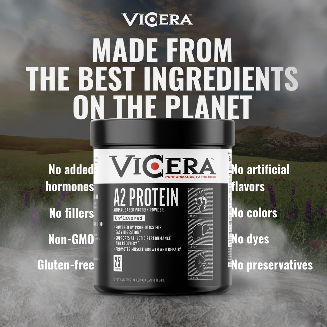 Gluten-free and non-GMO certification badge on VICERA A2 packaging.