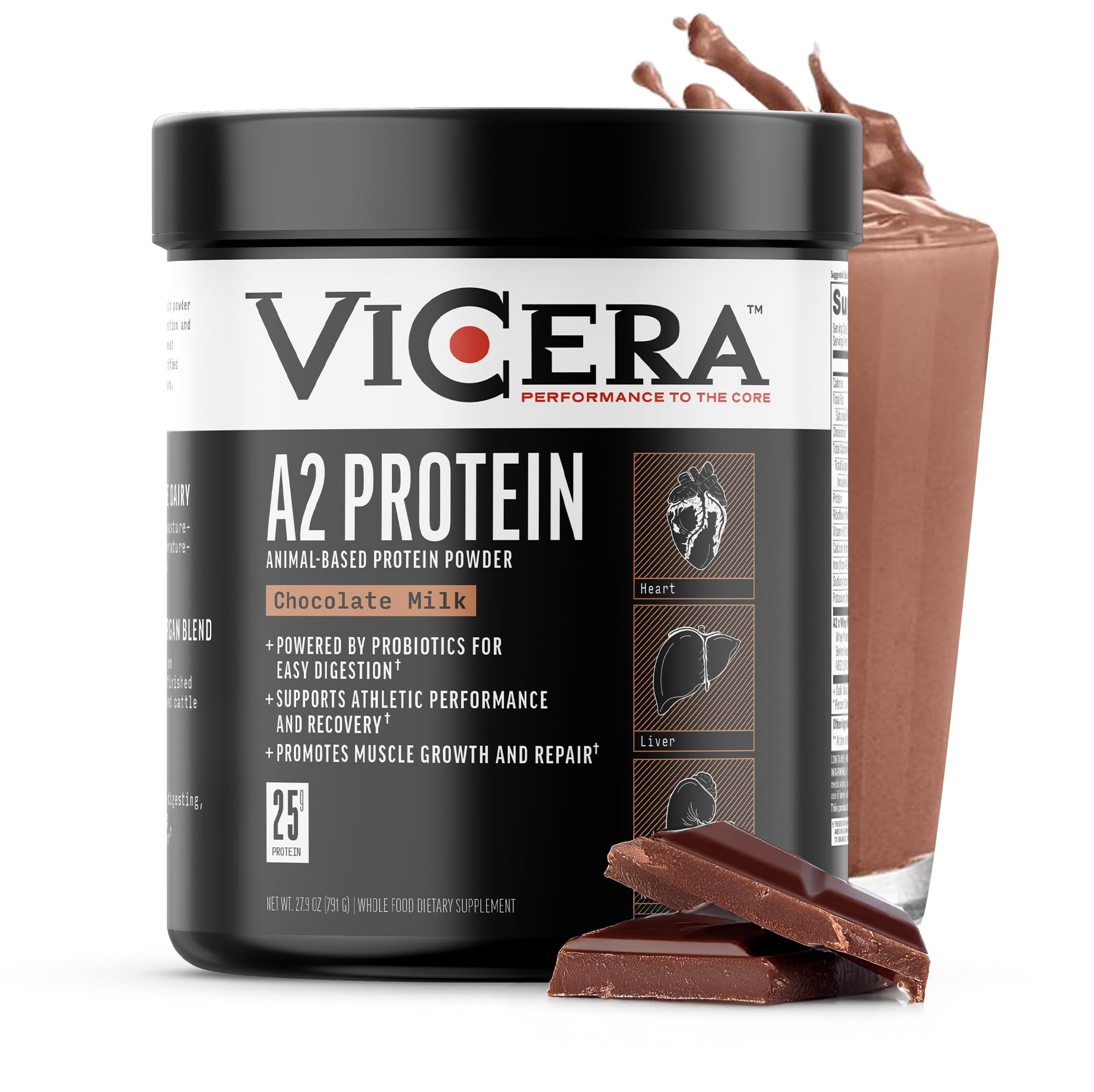 VICERA A2 Protein Powder chocolate milk bottle shows creamy flavor and protein boost.