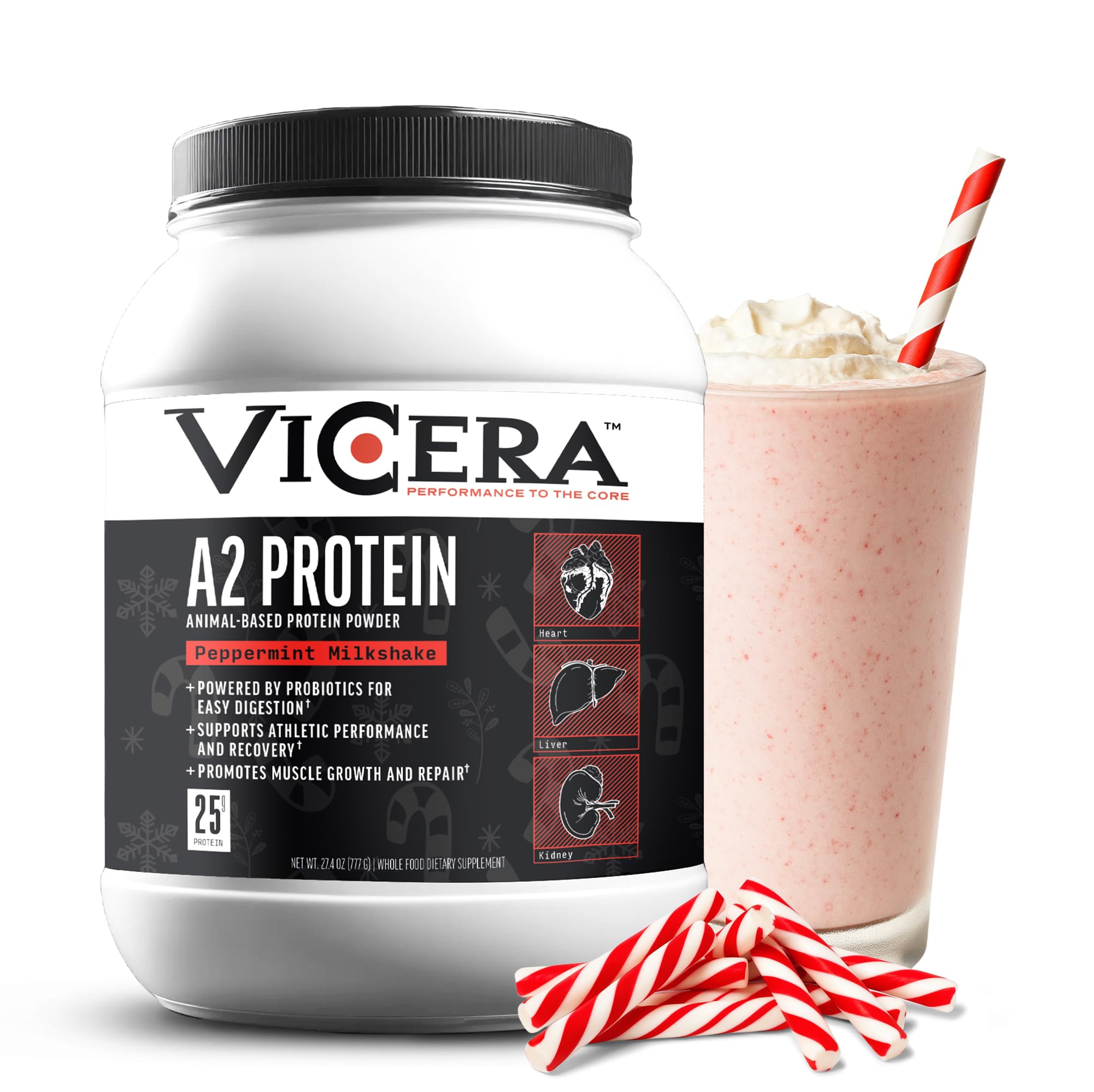 ViCera A2 Peppermint Milkshake protein powder tub with refreshing flavor