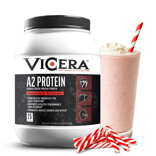 ViCera A2 Peppermint Milkshake protein powder tub with refreshing flavor