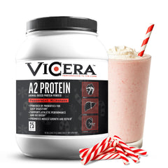 ViCera A2 Peppermint Milkshake protein powder tub with refreshing flavor