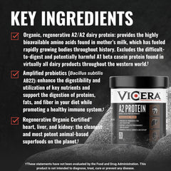 Probiotics and Celtic sea salt icons beside VICERA A2 on countertop.