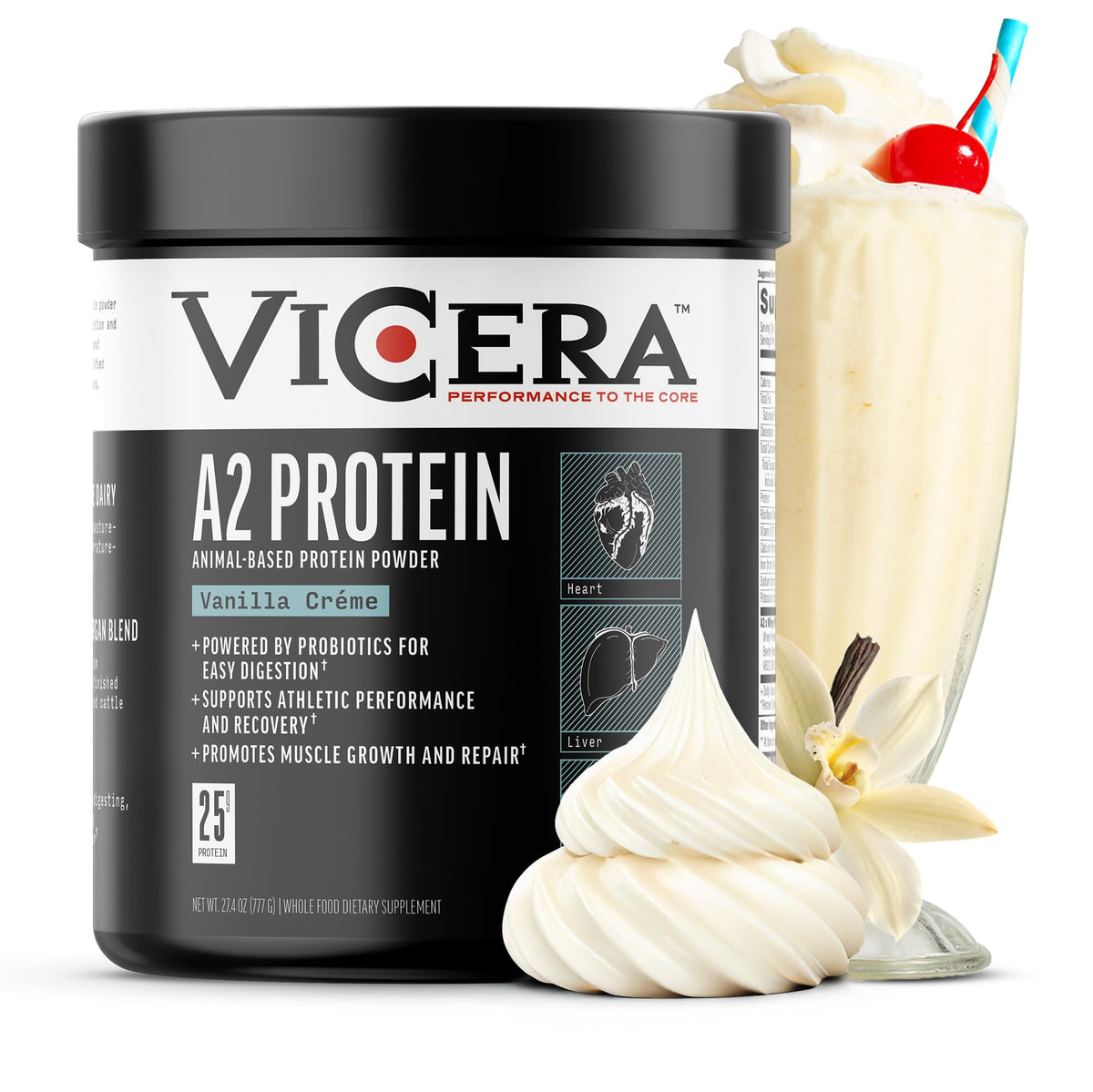 VICERA A2 Vanilla Creme bottle pour for a quick post-workout protein boost.