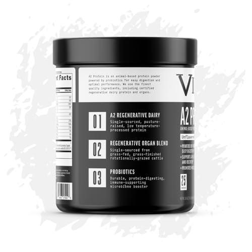 VICERA A2 protein tub label highlighting organic A2/A2 dairy and clean ingredients.