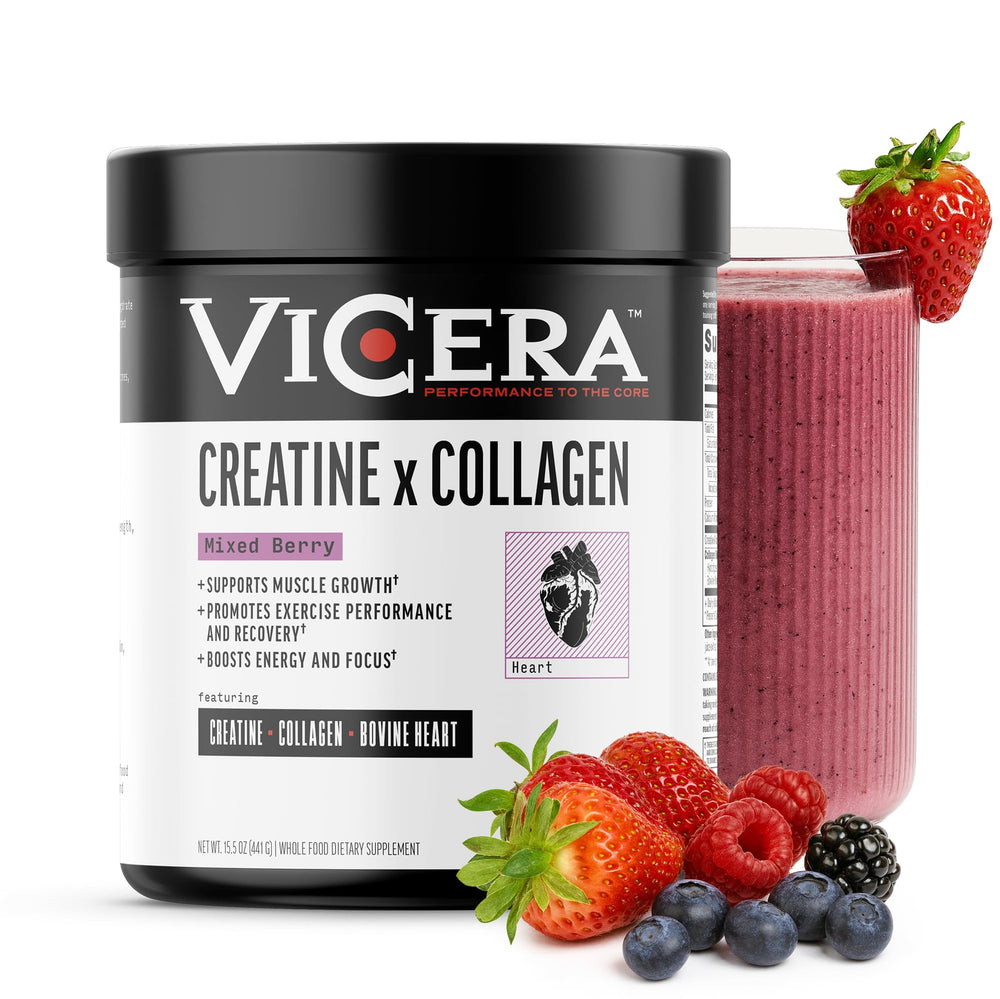 Vicera Creatine + Collagen berry powder bottle for daily activity support.