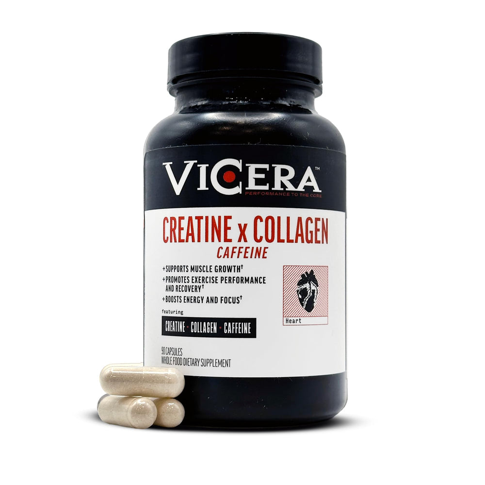 VICERA Creatine x Collagen x Caffeine capsules in a bottle, suggesting daily energy support.