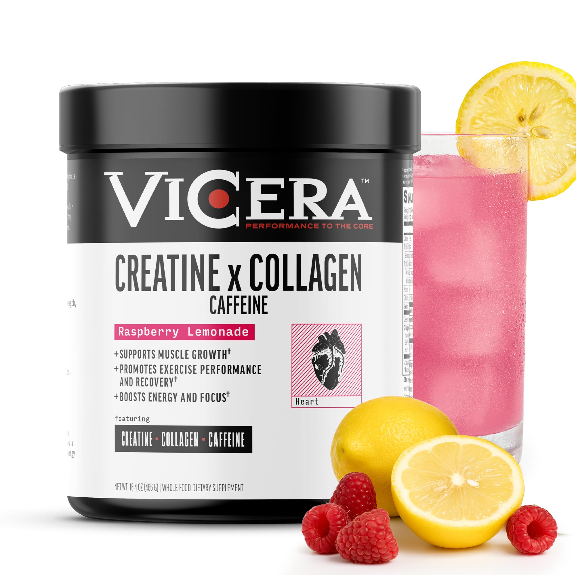 VICERA Raspberry Lemonade powder tub with label visible for energy support.