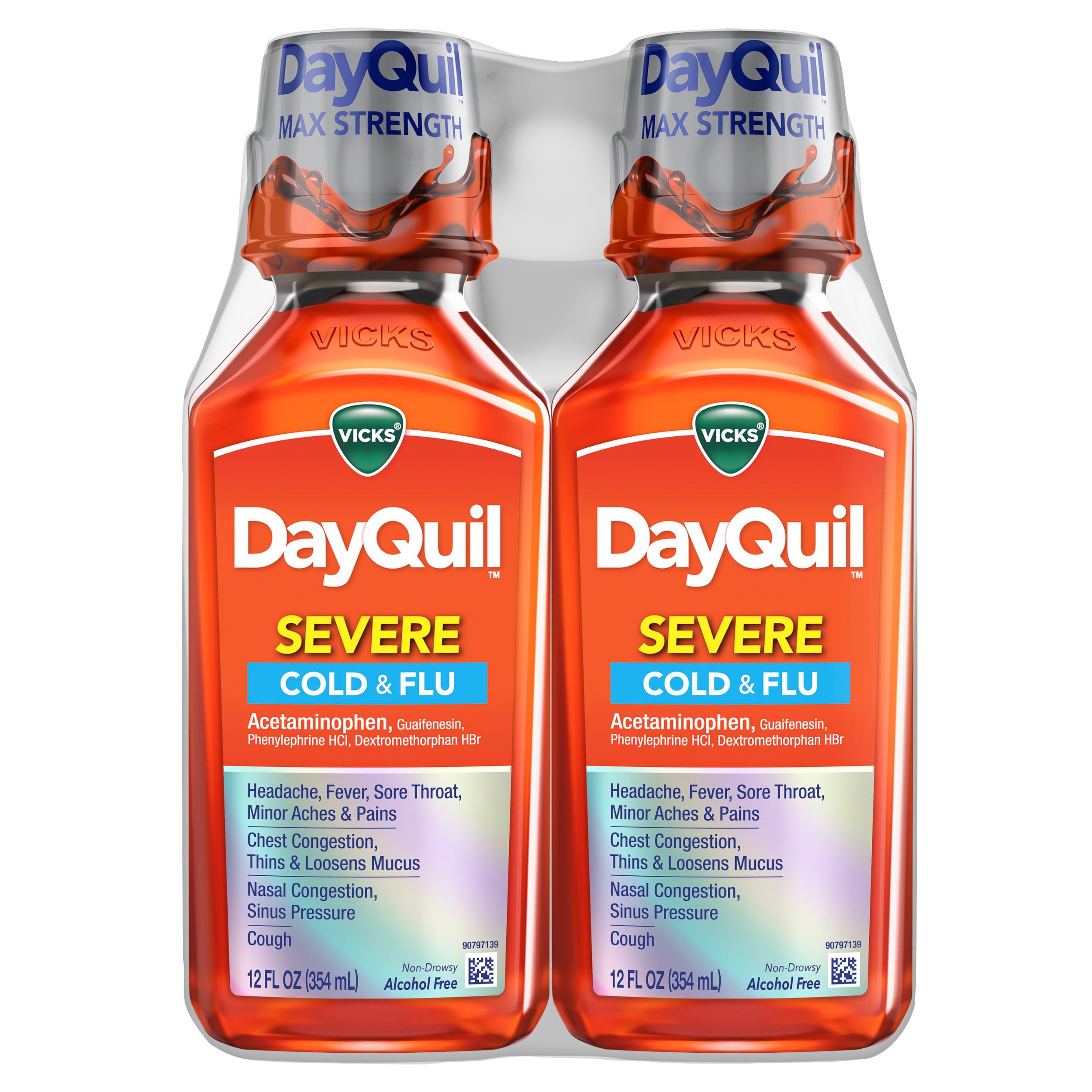 Vicks DayQuil Severe bottle pour for daytime relief.