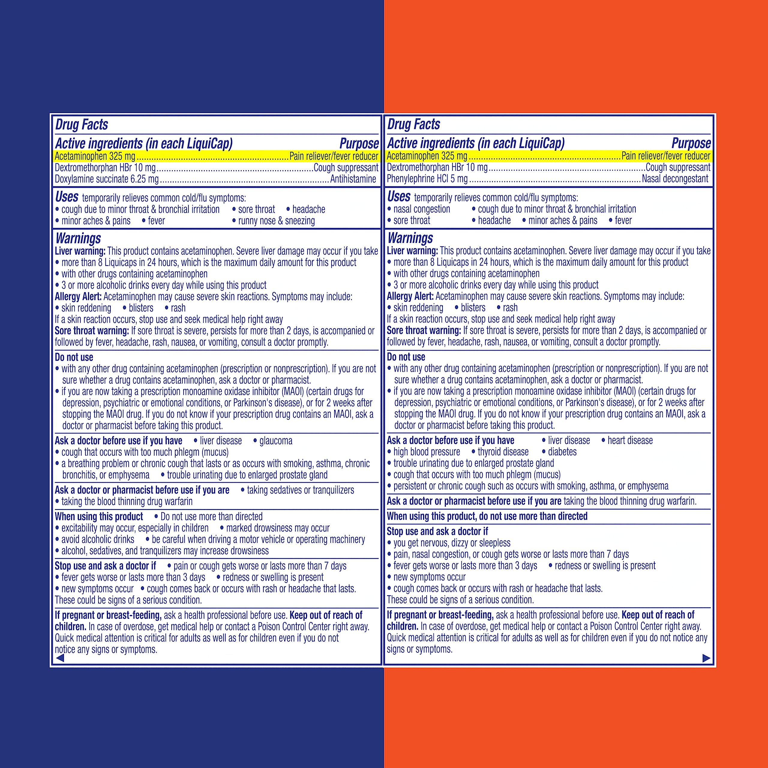 Vicks NyQuil Ultra liquicaps bottle back with usage details for nighttime relief.