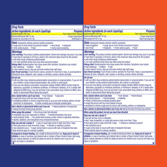 Vicks NyQuil Ultra liquicaps bottle back with usage details for nighttime relief.
