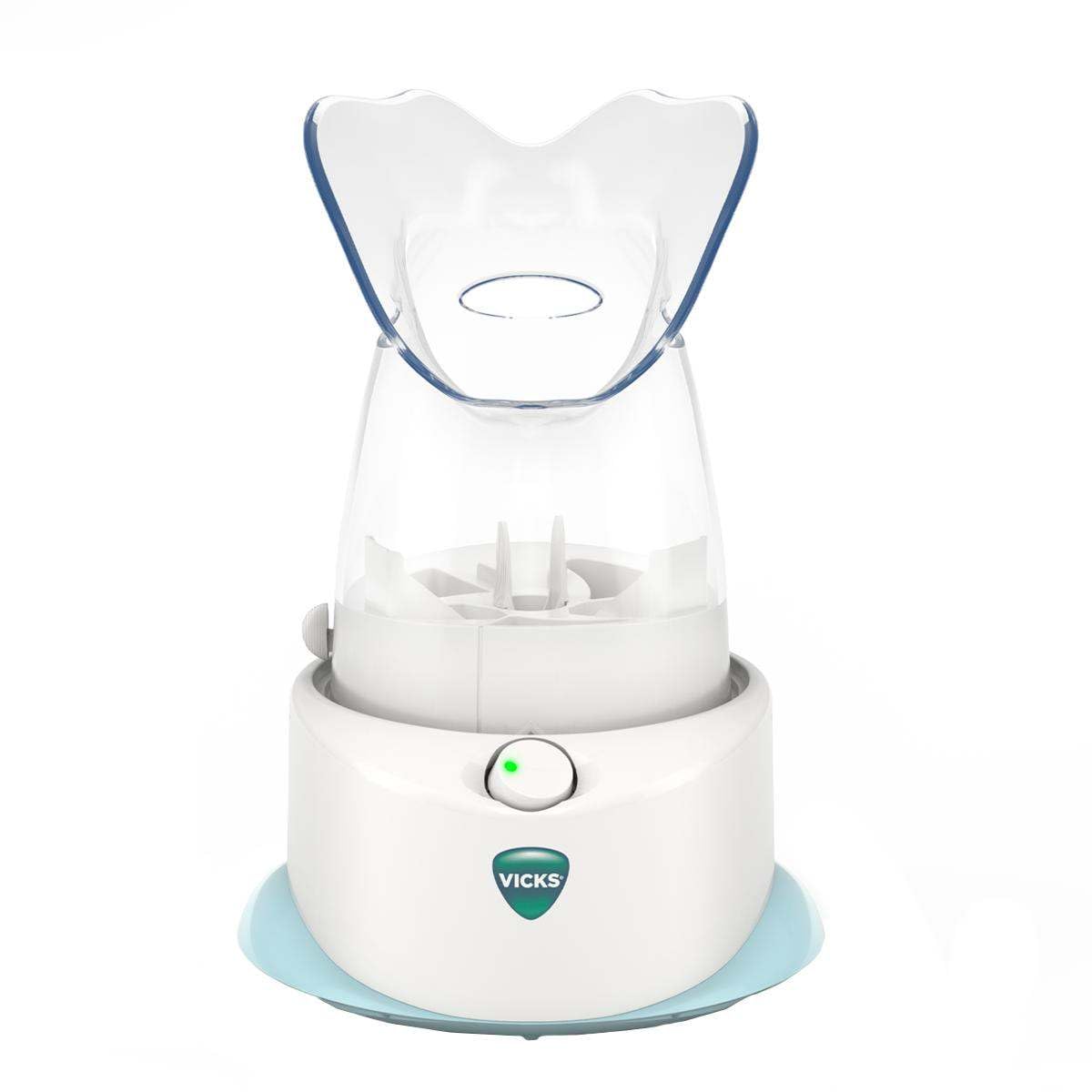 Vicks Personal Steam Inhaler hood close-up showing targeted moisture delivery.