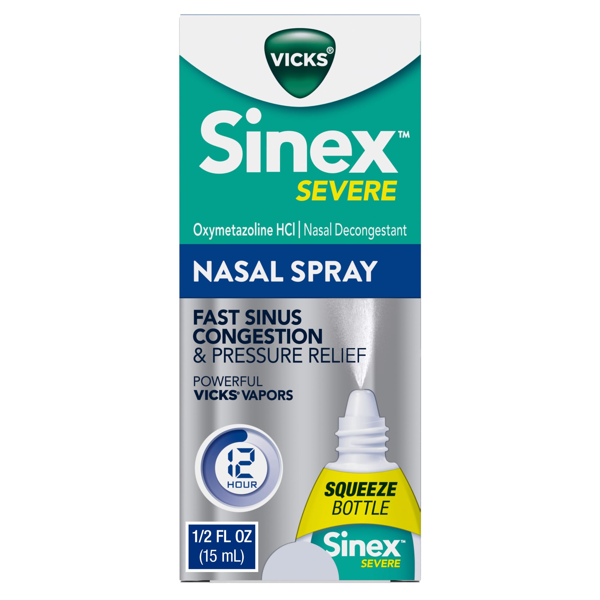 Vicks Sinex Severe nasal spray bottle delivers targeted congestion relief.