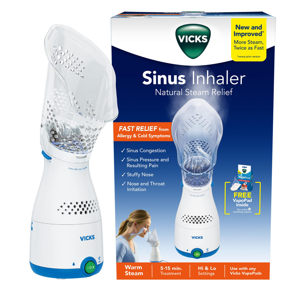 Vicks Sinus Inhaler front view showing compact, non-medicated steam therapy