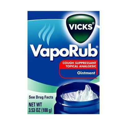 Close-up of Vicks VapoRub jar label showing trusted brand and packaging