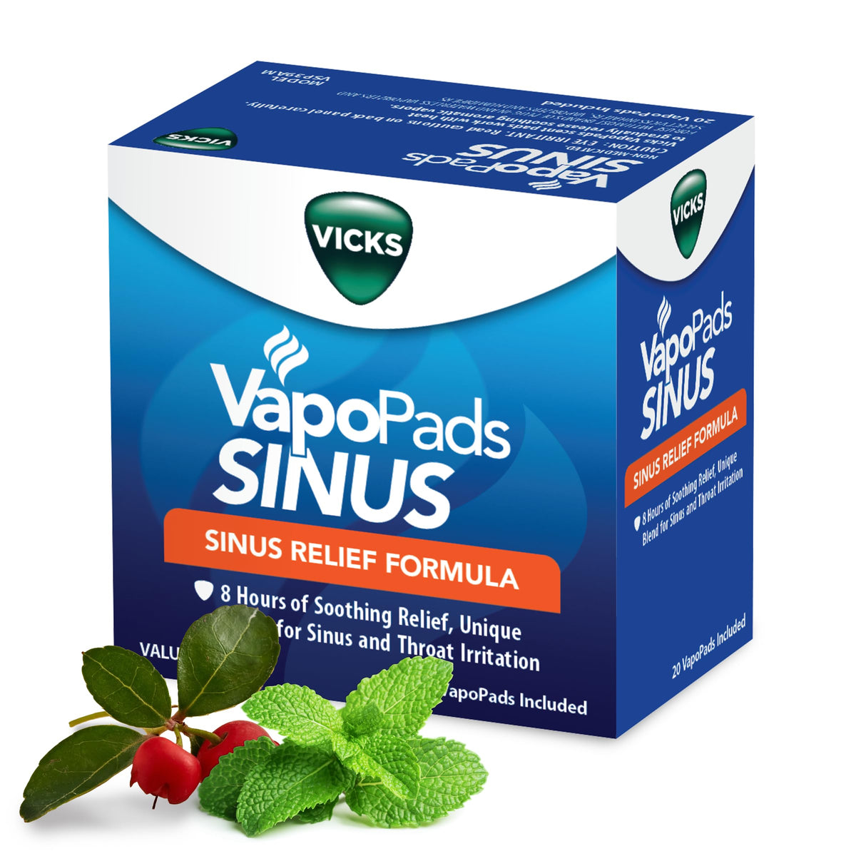 Vicks VapoPads Sinus Relief box showing soothing scent for congestion relief.