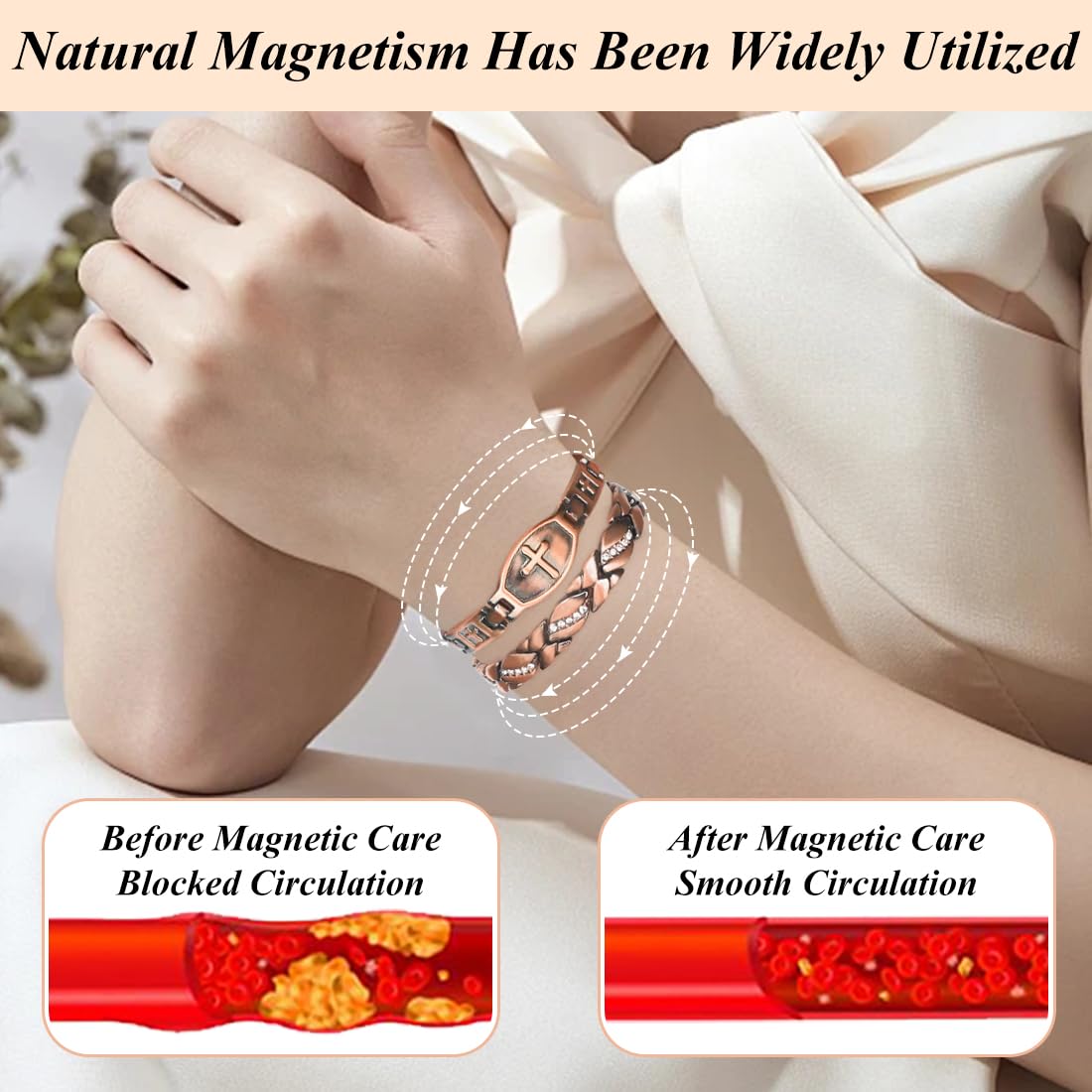 Vicmag copper magnetic bracelet for women close-up, cuff and magnet details.