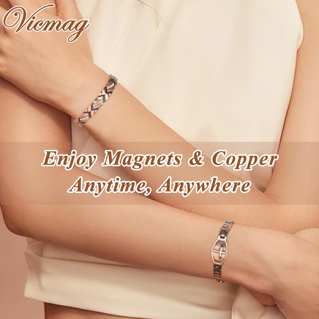 Vicmag copper magnetic bracelet for women showing magnet inset detail.