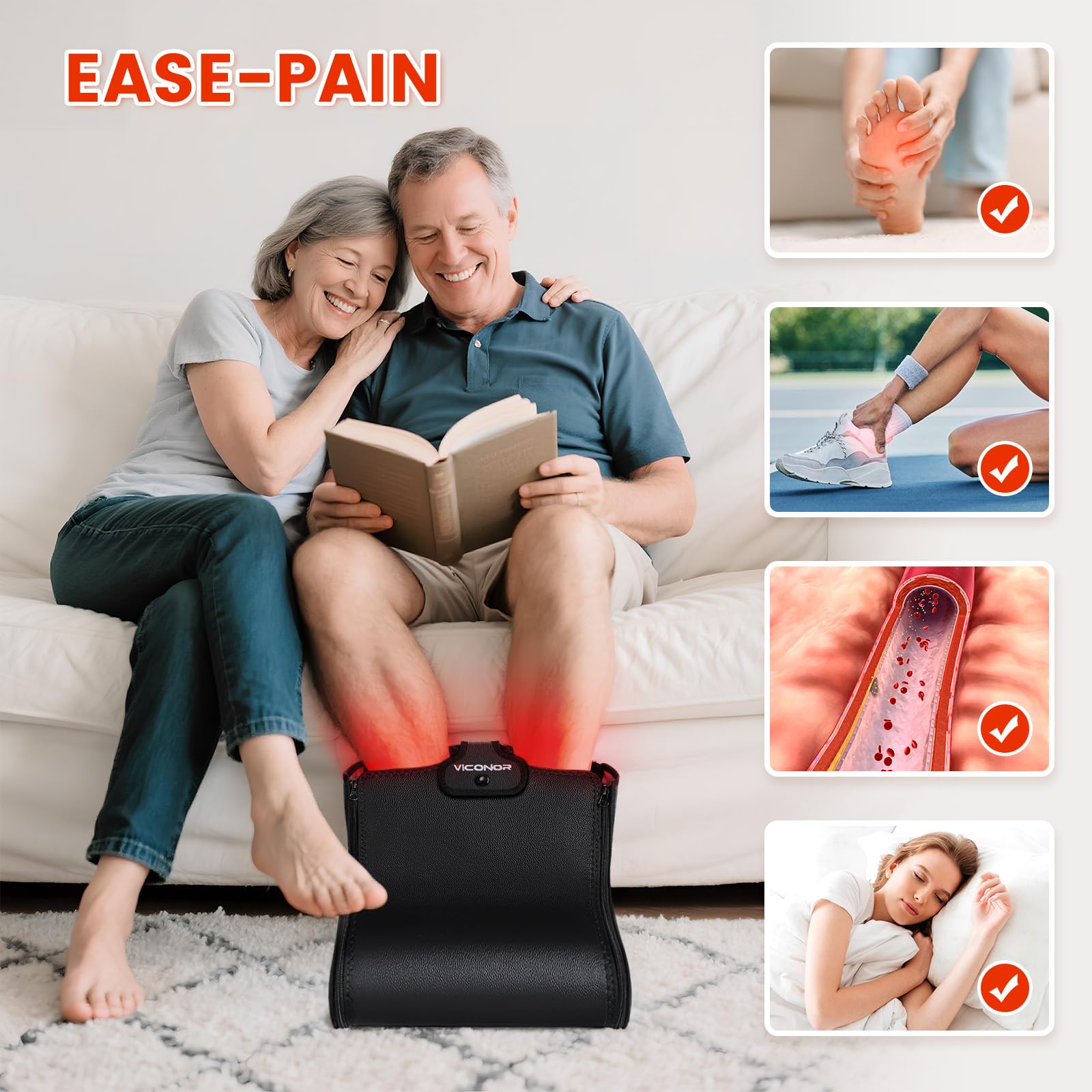 User enjoying a soothing foot therapy session on a sofa with Viconor