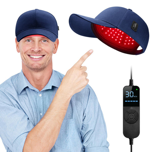 Viconor laser cap worn on head for easy daily at-home routine.